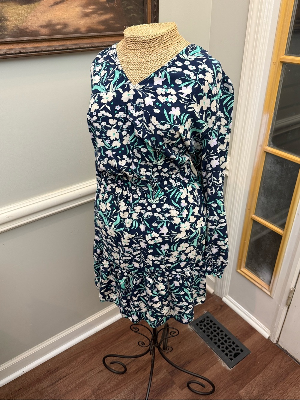 LOFT Navy Floral V-Neck Long Sleeve Ruffle Dress